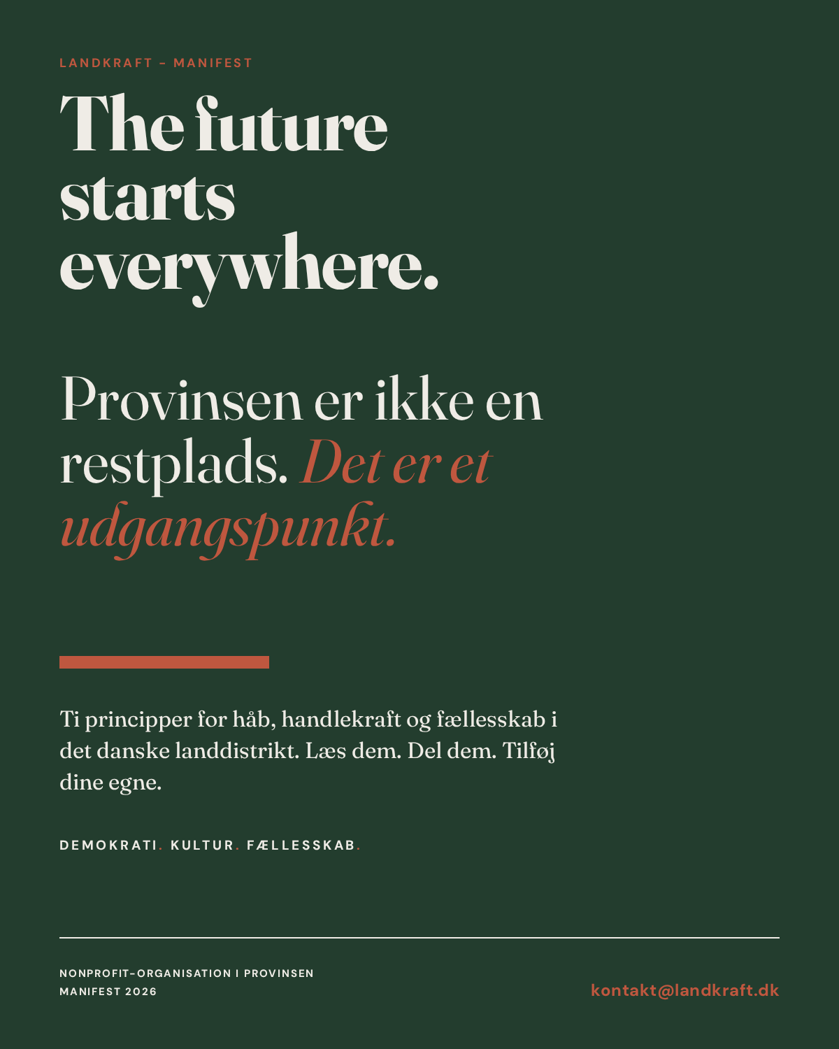 Plakat med LANDKRAFTs manifest: The future starts everywhere.